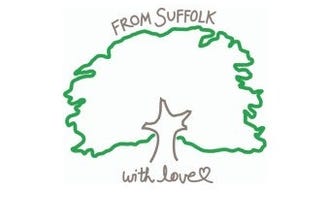 Green line drawing of tree with the suffolk from love written around it 
